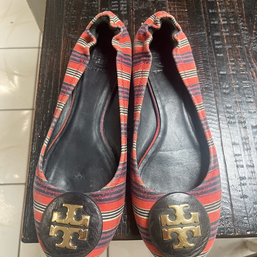 Tory Burch Red Striped Canvas Logo Flats with Black Trim